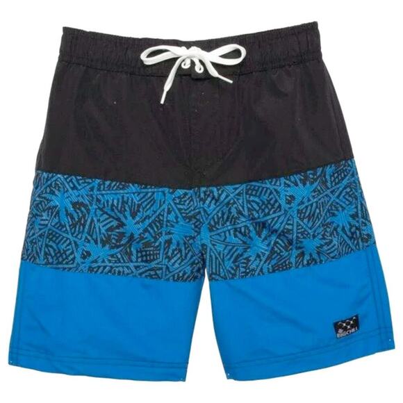 New Big Chill Boy's Palm Tree Print Color Block UPF 50 Board Beach Swim Shorts - Picture 1 of 5